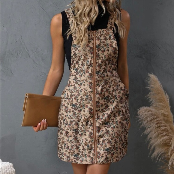 Boho Floral Print Zipper corduroy Dress - Picture 1 of 4